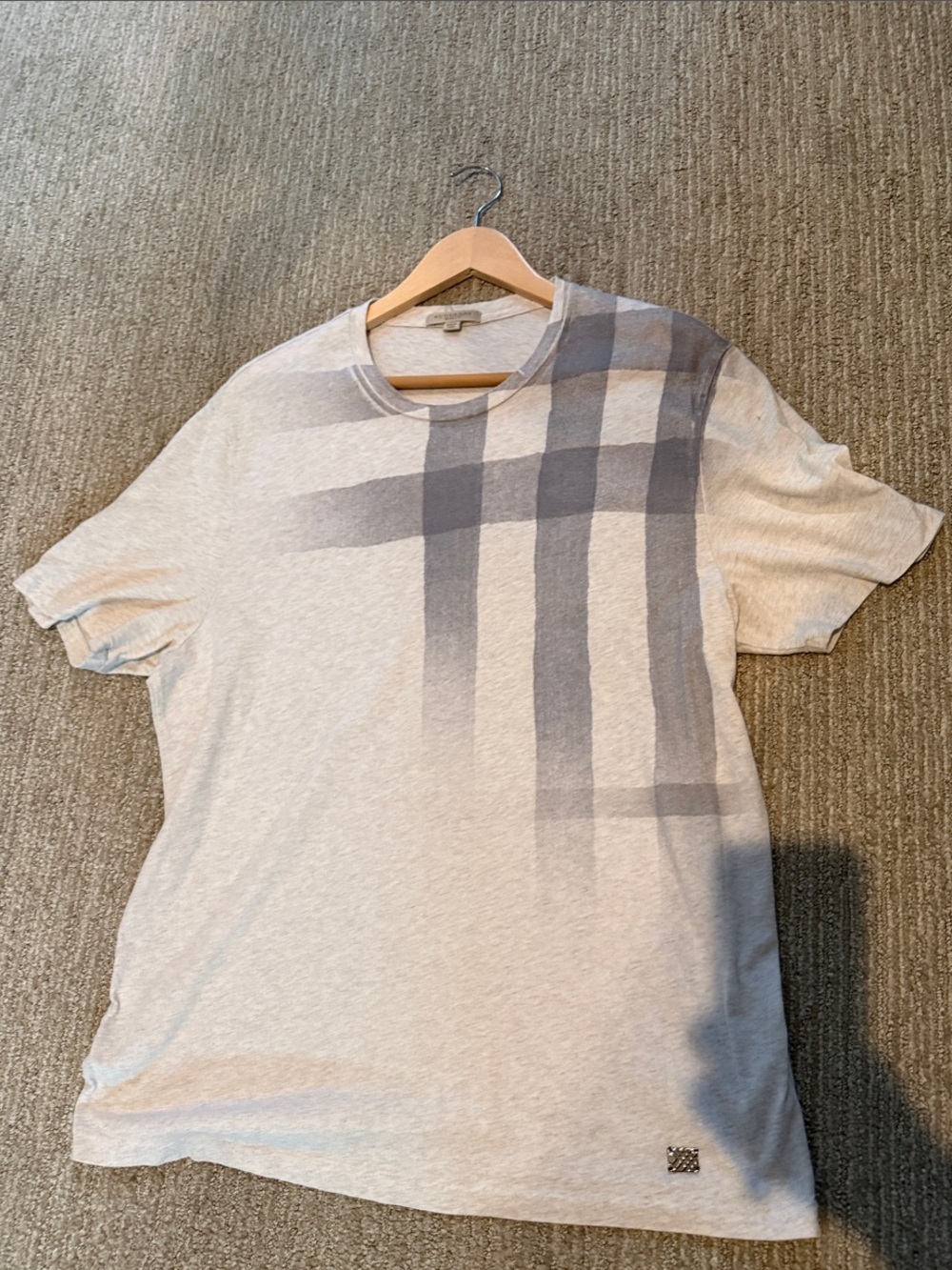 Burberry Brit Light Gray Graphic Crew Neck Tee with Slate Plaid Print